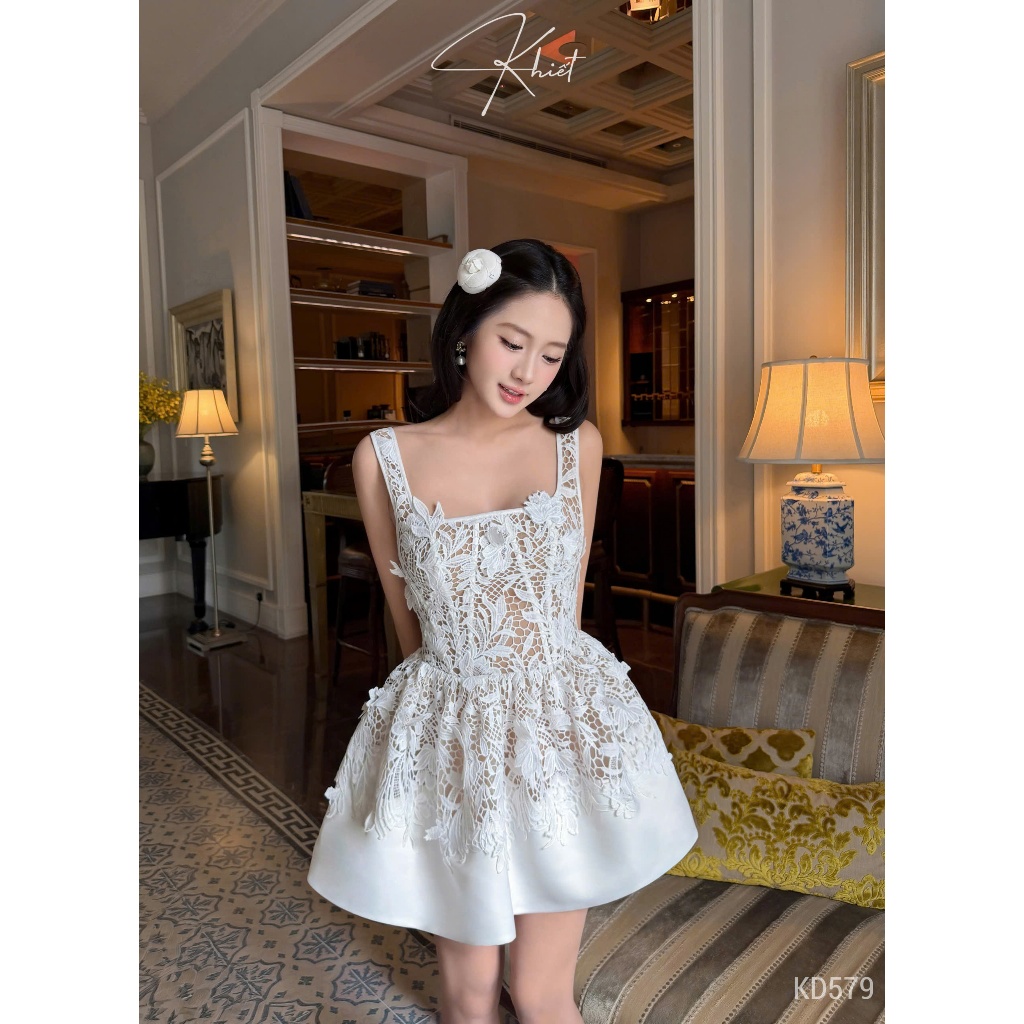 Đầm ngắn Khiết dáng xòe ren 3D trắng phối phi trơn phong cách dự tiệc sang chảnh KD579
