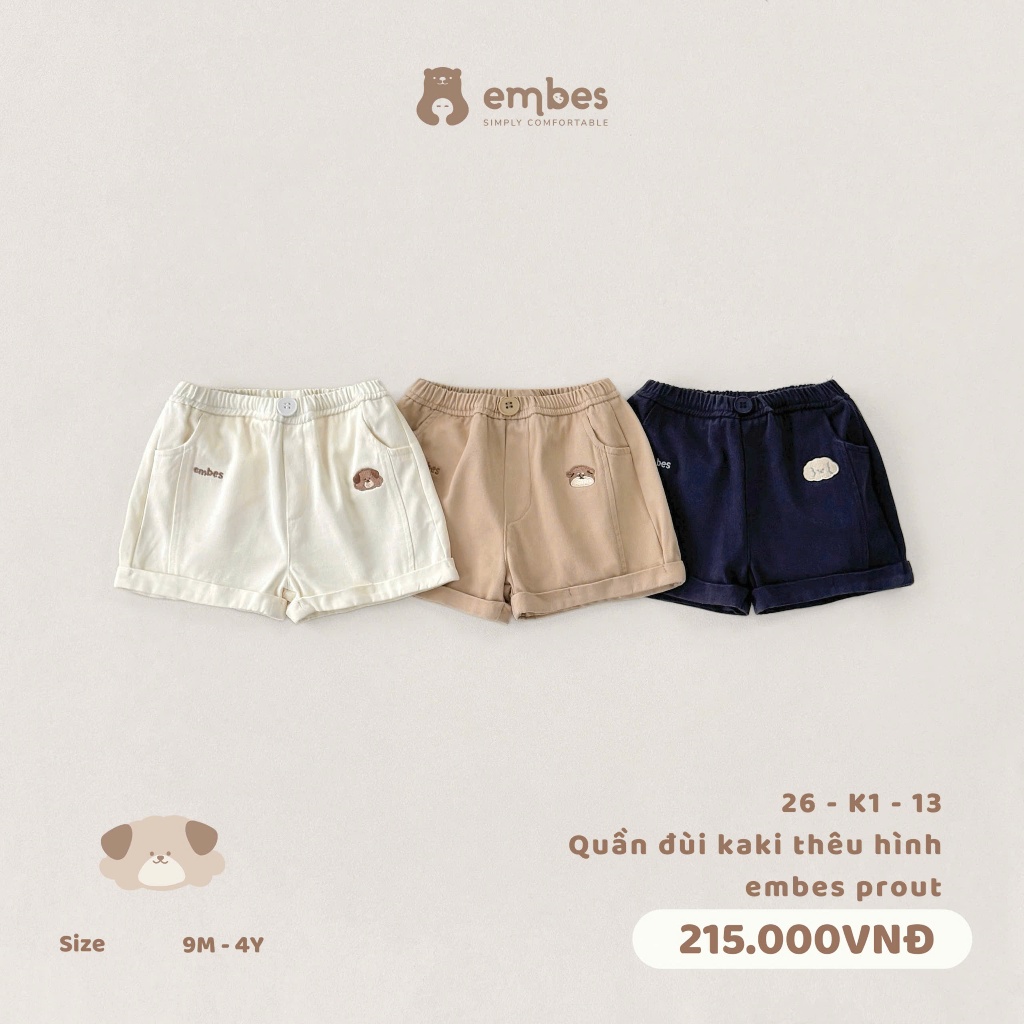 Quần Cộc Cho Bé Embes, Quần Đùi Kaki Thêu Hình Chất Kaki Mềm Mại Cho Bé Trai Bé Gái Size Từ 8-17kg