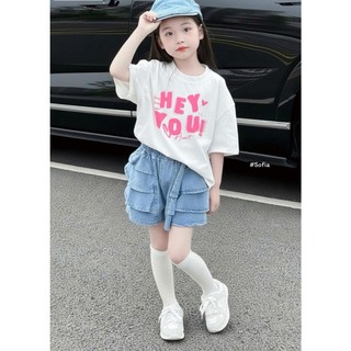 [B&G] Sét bộ áo thun form rộng tay lở kèm quần jean đùi cá tính năng động cho bé gái đi học đi chơi