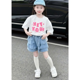 [B&G] Sét bộ áo thun form rộng tay lở kèm quần jean đùi cá tính năng động cho bé gái đi học đi chơi