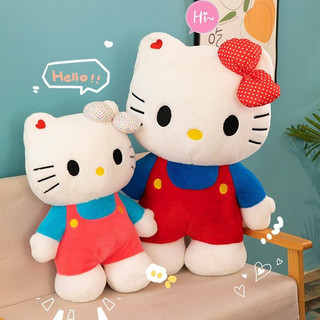 (Căng Phồng) Gấu Bông Hello Kitty Đứng Yếm Đỏ Đeo Nơ Chấm Bi Đáng Yêu, Chất Liệu Lông Thỏ Mịn, Căng Phồng