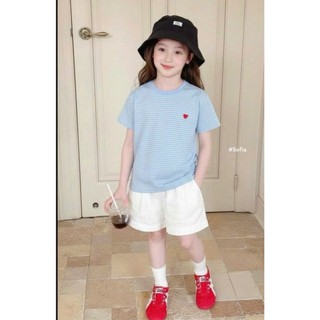 [B&G] Sét bộ áo thun xanh kẻ ngang kèm quần kaki đùi trắng cho bé gái từ 10-45kg