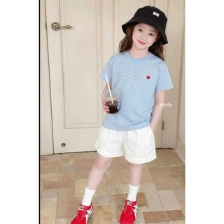 [B&G] Sét bộ áo thun xanh kẻ ngang kèm quần kaki đùi trắng cho bé gái từ 10-45kg