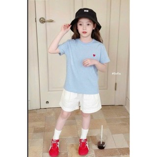 [B&G] Sét bộ áo thun xanh kẻ ngang kèm quần kaki đùi trắng cho bé gái từ 10-45kg