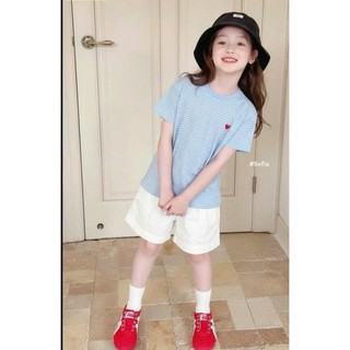 [B&G] Sét bộ áo thun xanh kẻ ngang kèm quần kaki đùi trắng cho bé gái từ 10-45kg