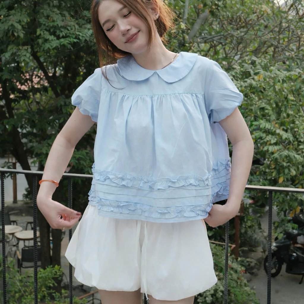 Áo babydoll tay bồng cổ sen bèo gấu, dáng rộng  xinh xắn TAM A85
