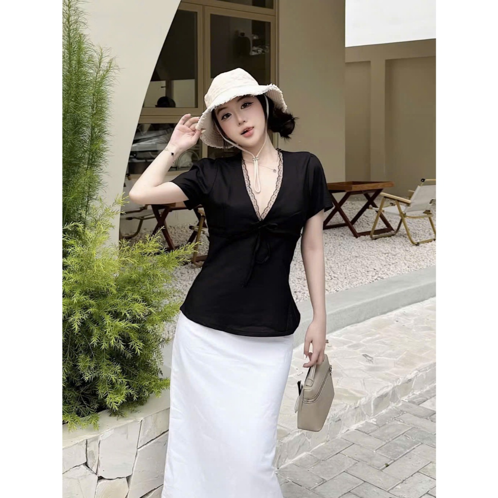 Áo Kiểu Linen cột nơ Xinh Nữ Cổ V Phối Viền Ren Tay Ngắn Mùa Hè 217