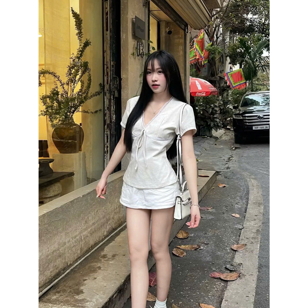 Áo Kiểu Linen cột nơ Xinh Nữ Cổ V Phối Viền Ren Tay Ngắn Mùa Hè 217