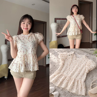 Áo babydoll cổ trụ phối tay bồng buộc nơ cách điệu đính cúc dừa  LAVIAN A82