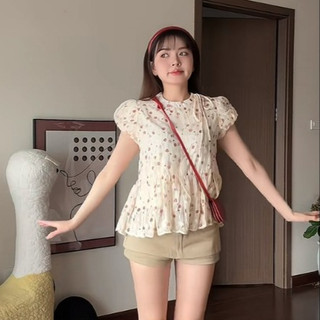 Áo babydoll cổ trụ phối tay bồng buộc nơ cách điệu đính cúc dừa  LAVIAN A82