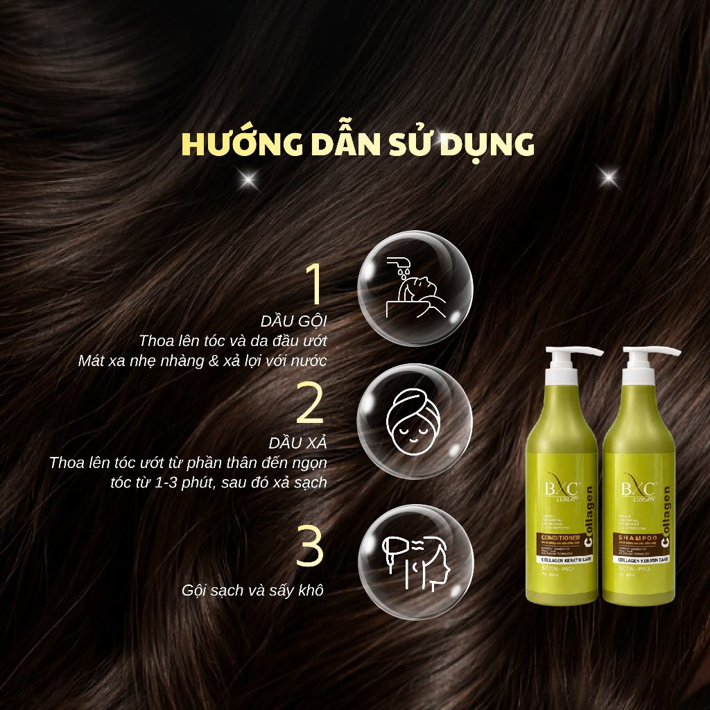 Bộ Dầu Gội Xả dưỡng sinh Collagen BXC Luxury 800ml Phục hồi tóc hư tổn, siêu mượt, dưỡng chắc khỏe