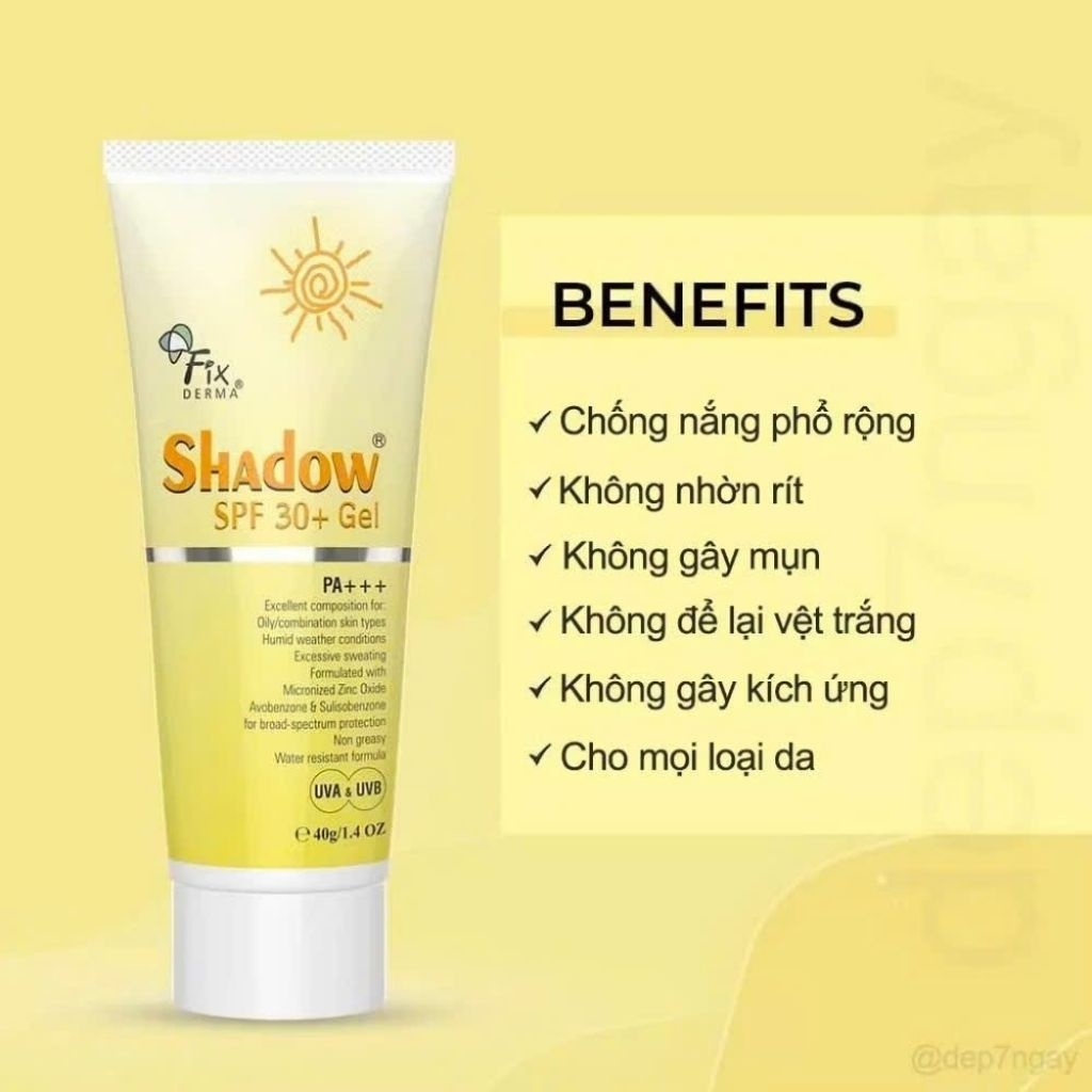 Gel Chống Nắng FIXDERMA Shadow SPF 30+ Gel Mỏng Nhẹ Giúp Dưỡng Ẩm 75g