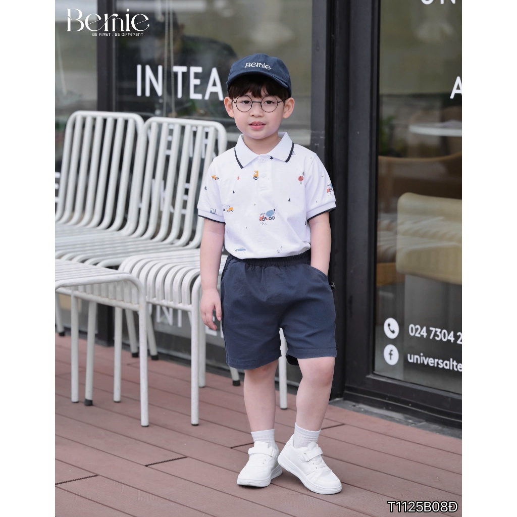 Set polo cộc tay Bernie in họa tiết xe tinh nghịch phối quần short kaki cho bé trai 9-27kg