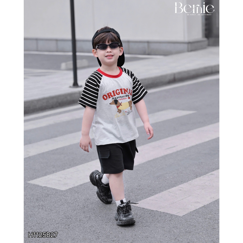 Bộ cotton cộc tay raglan in hình chú cún Original Bernie phối quần da cá cho bé trai 9-24kg