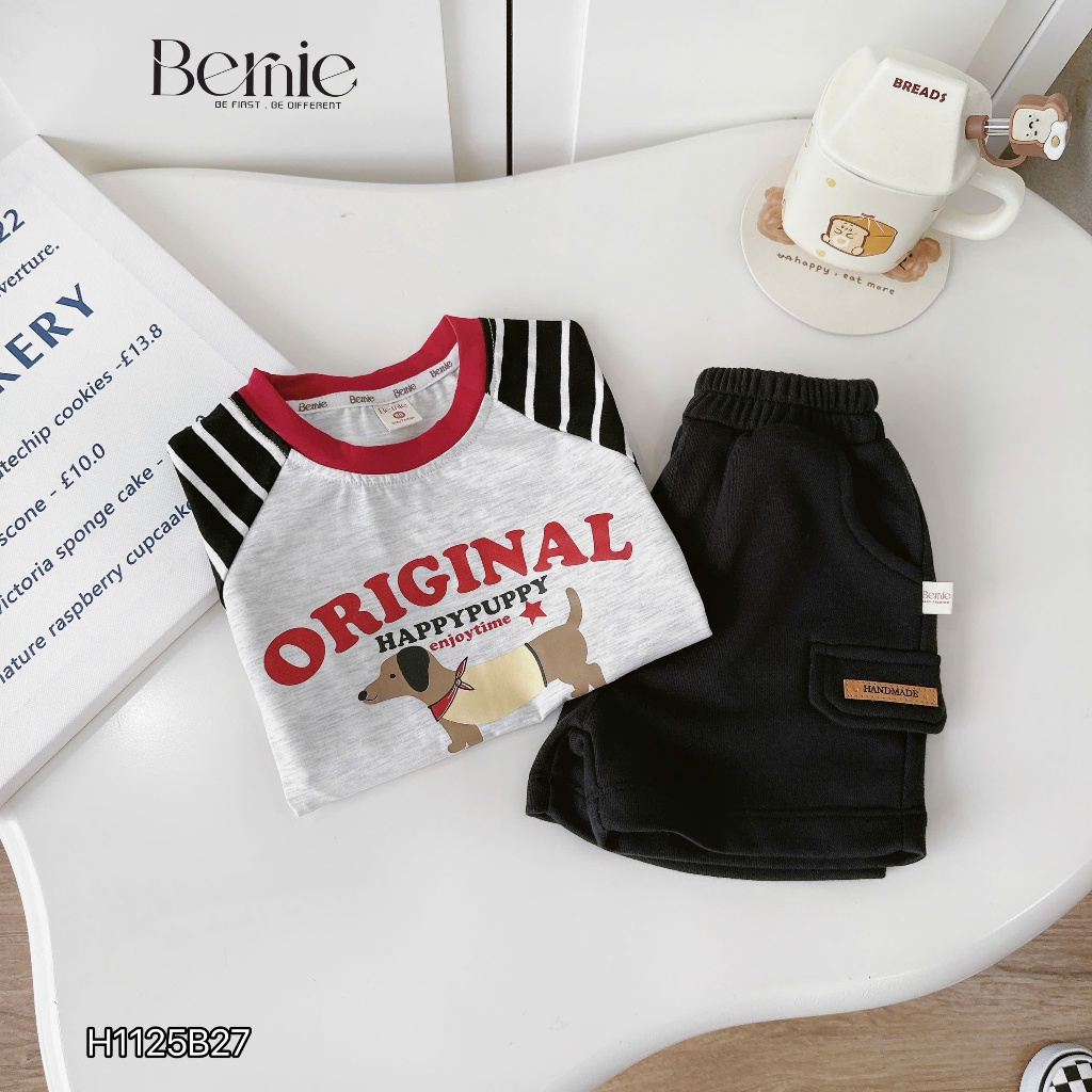Bộ cotton cộc tay raglan in hình chú cún Original Bernie phối quần da cá cho bé trai 9-24kg