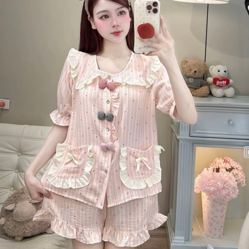 [MẪU HÈ] Bộ Đồ Ngủ Nữ JUSOKA Pijama Chất Liệu Đũi Vân Mây Cổ Sen Viền Bèo Đính Nơ Siêu Mềm Mịn DU38