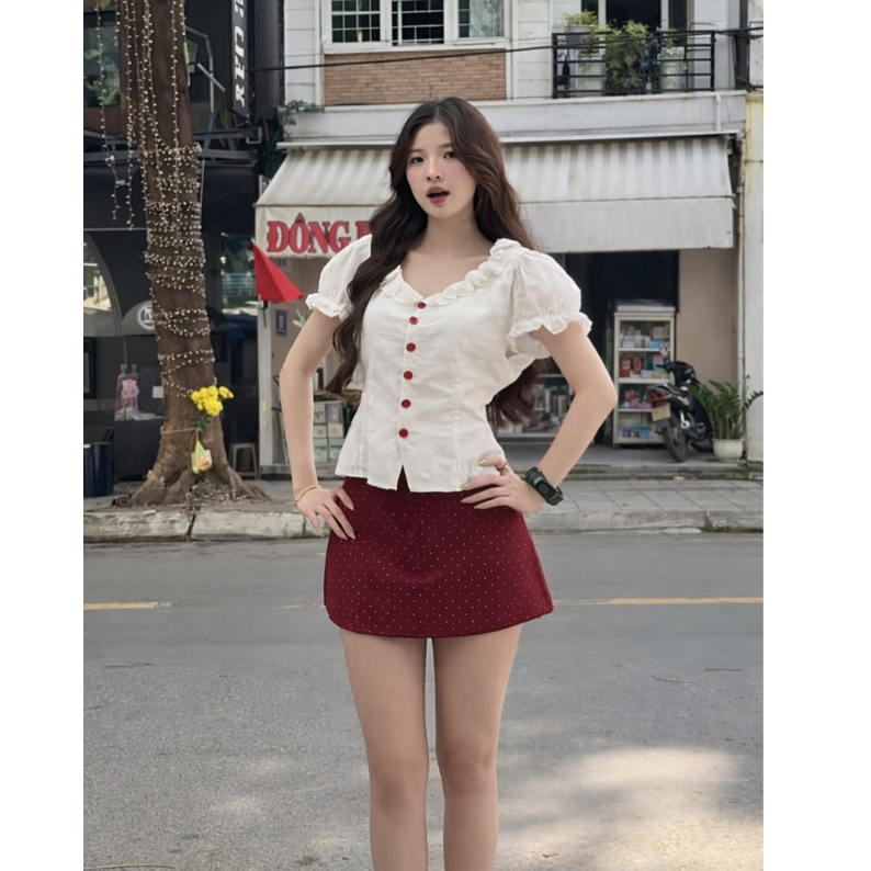 Áo sơ mi cổ bèo phối cúc đỏ tay ngắn dáng dễ thương TAM A83