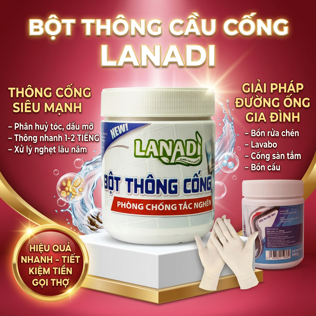 Bột thông cống LANADI chính hãng – Xử lý cặn bẩn, tóc, mỡ, rác – Giữ ống thoát nước luôn thông suốt