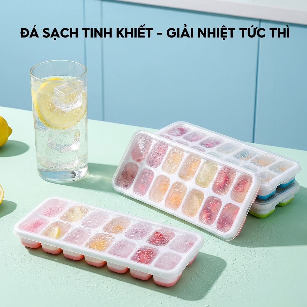 Khay Làm Đá Silicon Ngăn Mùi Tủ Lạnh Kháng Khuẩn, Khuôn Làm Đá Thạch Có Nắp Đậy An Toàn Đa Năng