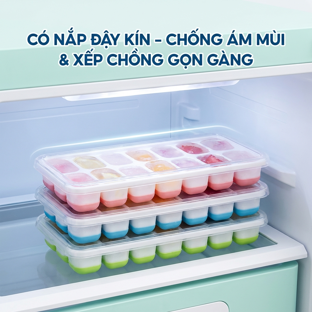 Khay Làm Đá Silicon Ngăn Mùi Tủ Lạnh Kháng Khuẩn, Khuôn Làm Đá Thạch Có Nắp Đậy An Toàn Đa Năng
