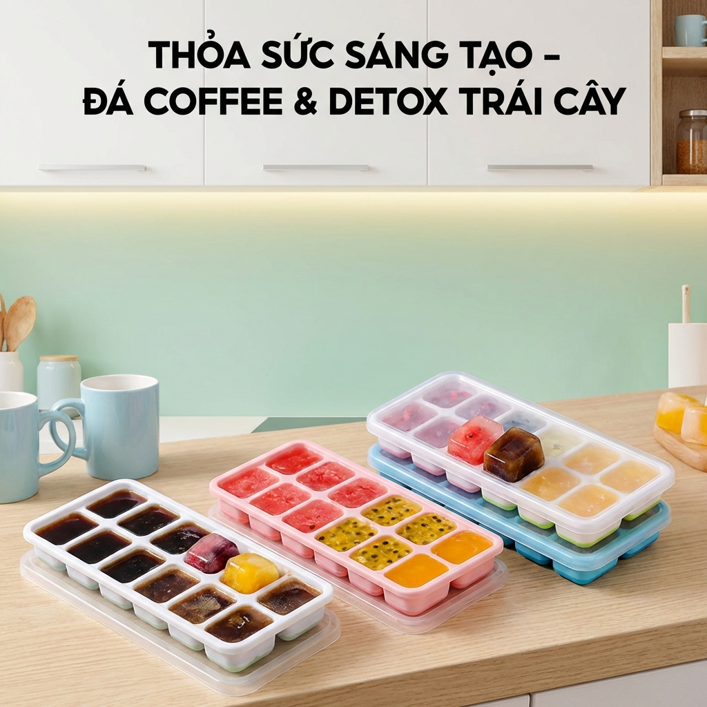 Khay Làm Đá Silicon Ngăn Mùi Tủ Lạnh Kháng Khuẩn, Khuôn Làm Đá Thạch Có Nắp Đậy An Toàn Đa Năng