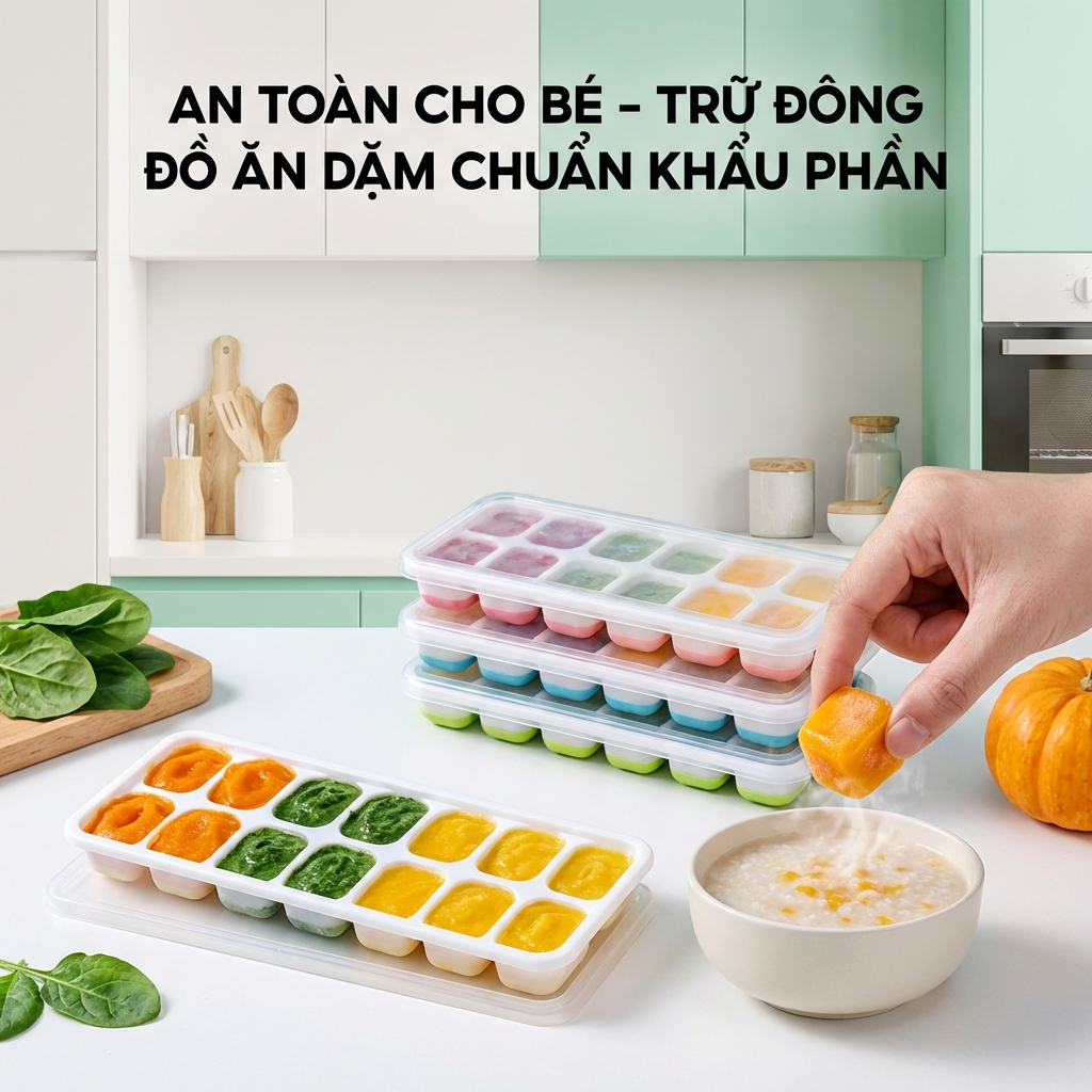 Khay Làm Đá Silicon Ngăn Mùi Tủ Lạnh Kháng Khuẩn, Khuôn Làm Đá Thạch Có Nắp Đậy An Toàn Đa Năng