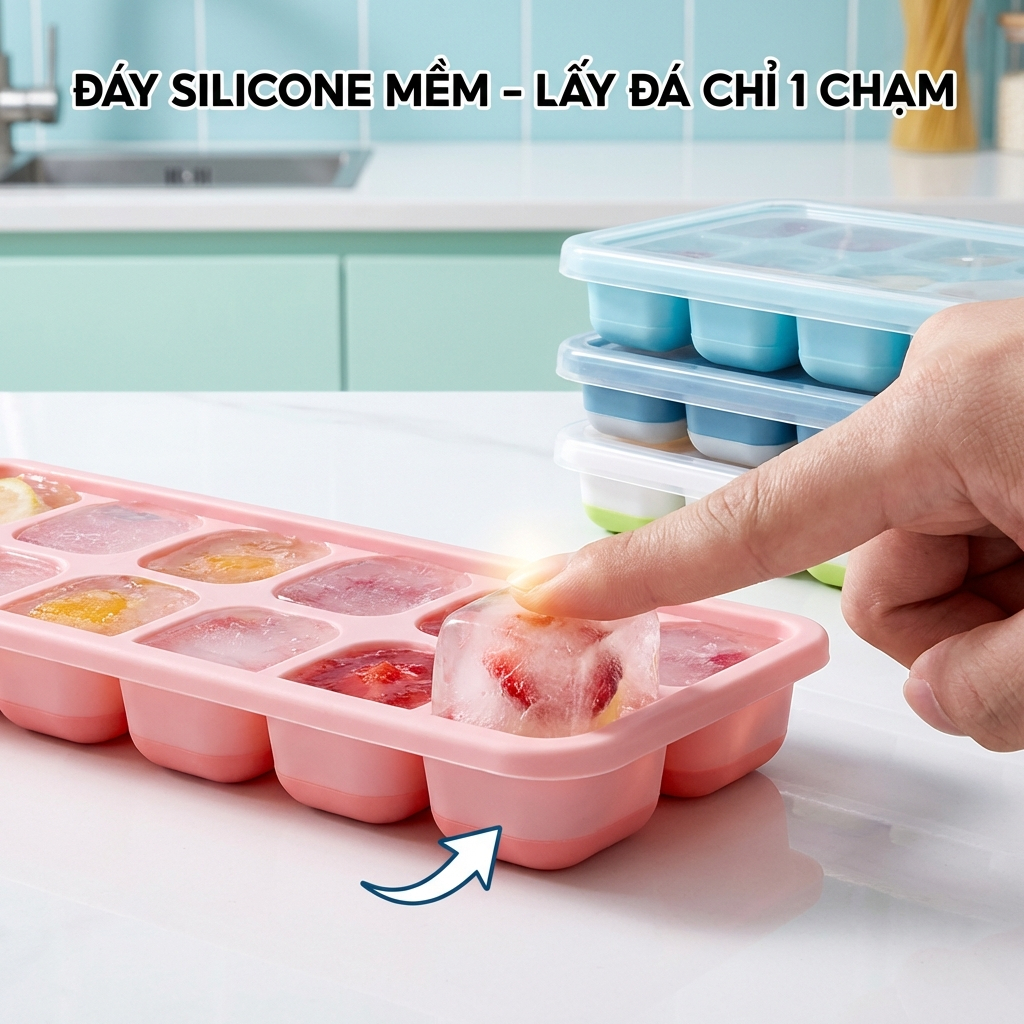 Khay Làm Đá Silicon Ngăn Mùi Tủ Lạnh Kháng Khuẩn, Khuôn Làm Đá Thạch Có Nắp Đậy An Toàn Đa Năng