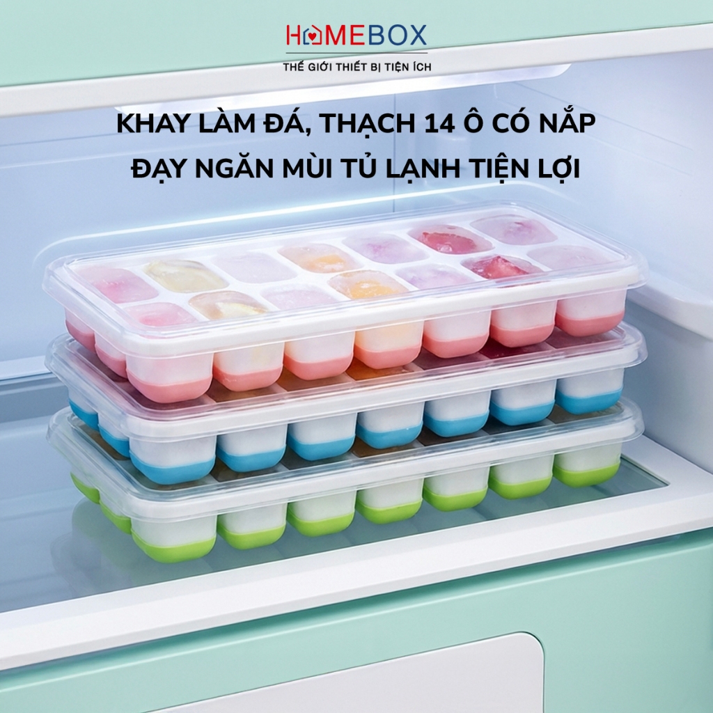 Khay Làm Đá Silicon Ngăn Mùi Tủ Lạnh Kháng Khuẩn, Khuôn Làm Đá Thạch Có Nắp Đậy An Toàn Đa Năng