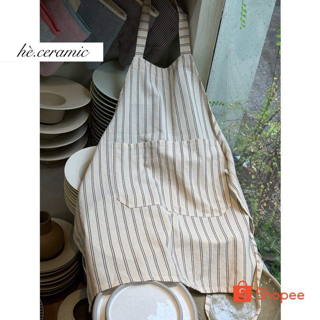 HÈ.CERAMIC / Tạp dề vải thô sọc đũi có túi. Tạp dề sọc phong cách vintage.