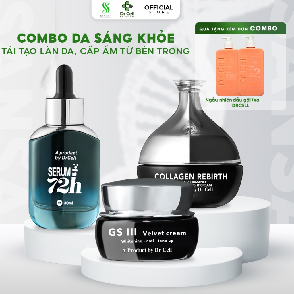 Combo dưỡng sáng mờ thâm Dr Cell gồm kem ngày gsiii, kem đêm collagen rebirth, serum 72h