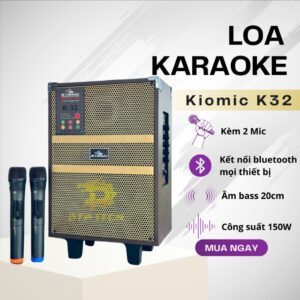 Loa Karaoke Xách Tay Kiomic K32, Bass 20Cm Kèm 2 Mic Chống Hú, Echo, Delay.
