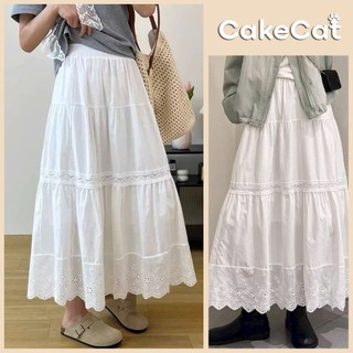 Chân Váy Dài Trắng Xếp Tầng Gấu Đục Lỗ Phối Ren Dáng Xòe Lưng Chun Vintage Hàn Quốc Nàng Thơ