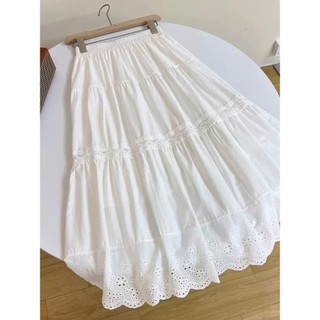 Chân Váy Dài Trắng Xếp Tầng Gấu Đục Lỗ Phối Ren Dáng Xòe Lưng Chun Vintage Hàn Quốc Nàng Thơ