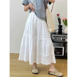 Chân Váy Dài Trắng Xếp Tầng Gấu Đục Lỗ Phối Ren Dáng Xòe Lưng Chun Vintage Hàn Quốc Nàng Thơ