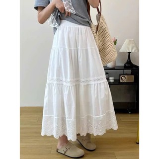 Chân Váy Dài Trắng Xếp Tầng Gấu Đục Lỗ Phối Ren Dáng Xòe Lưng Chun Vintage Hàn Quốc Nàng Thơ