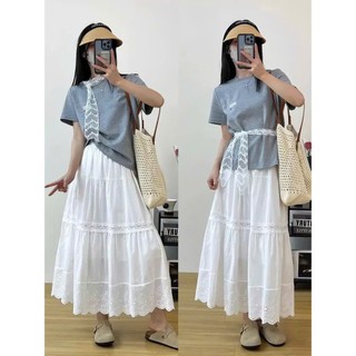 Chân Váy Dài Trắng Xếp Tầng Gấu Đục Lỗ Phối Ren Dáng Xòe Lưng Chun Vintage Hàn Quốc Nàng Thơ