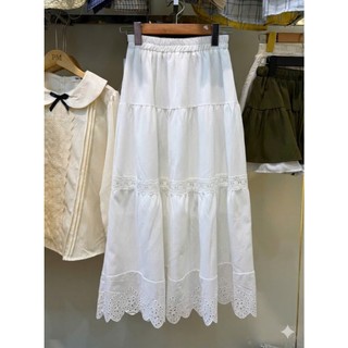 Chân Váy Dài Trắng Xếp Tầng Gấu Đục Lỗ Phối Ren Dáng Xòe Lưng Chun Vintage Hàn Quốc Nàng Thơ