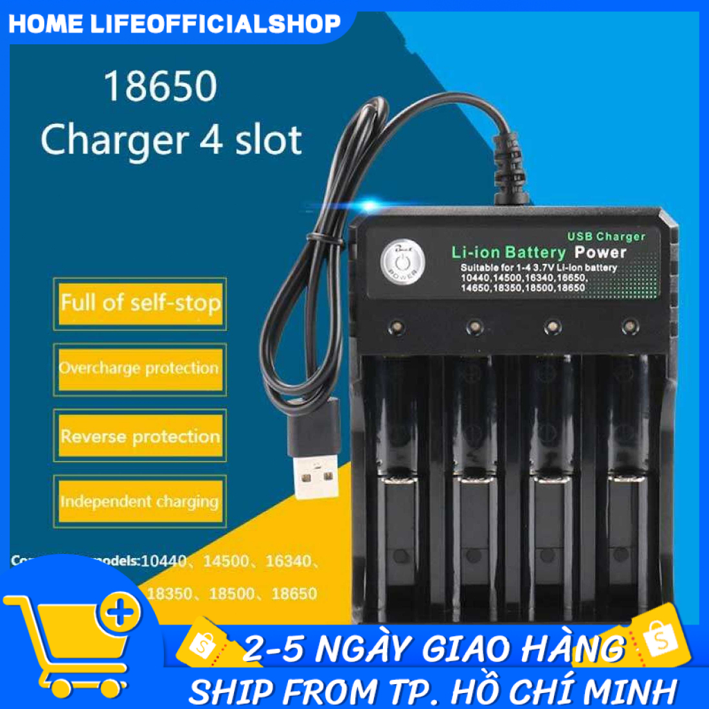 Sạc Pin Tự ngắt Sạc pin lithium và có đèn báo khi đầy 4 Khe cao cấp dùng cho pin 18650 AA