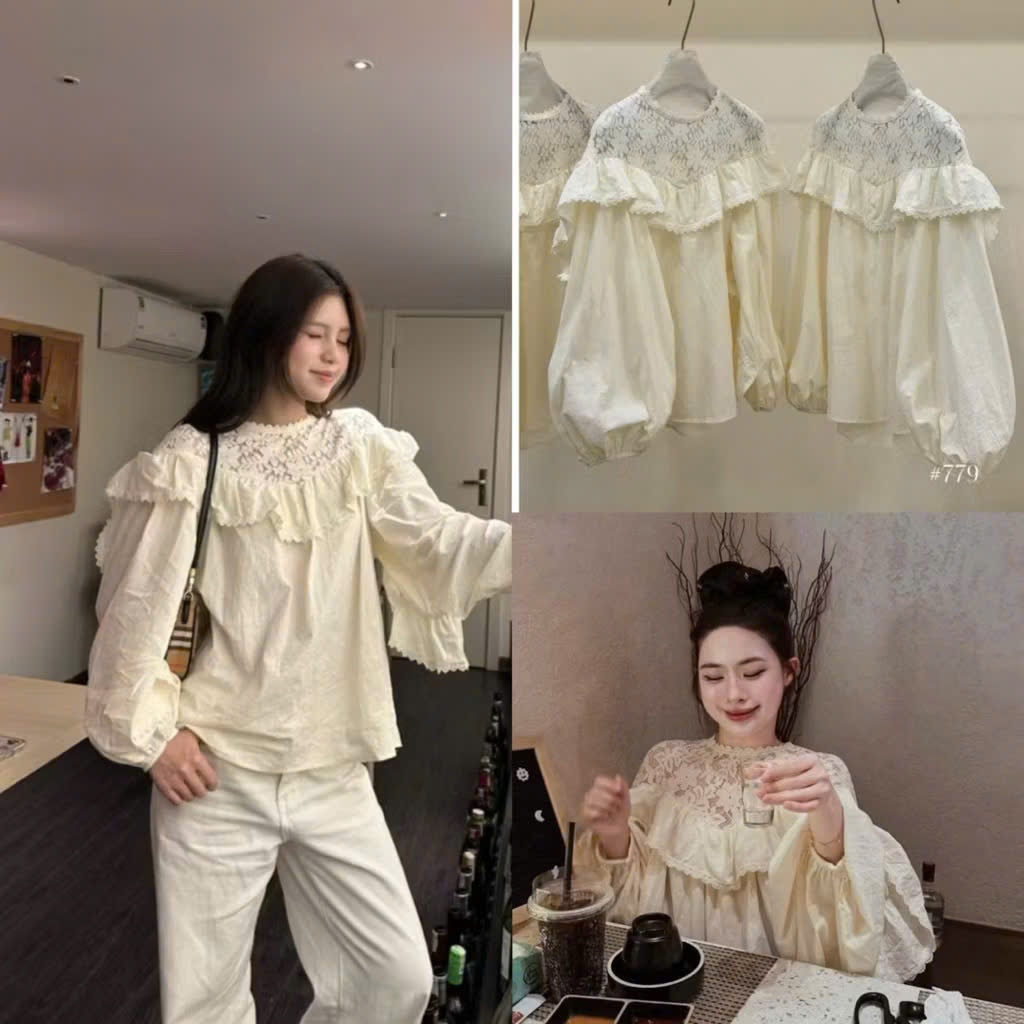 AO SƠ MI  cổ ren phối bèo dáng rộng phong cách hàn quốc cho nàng