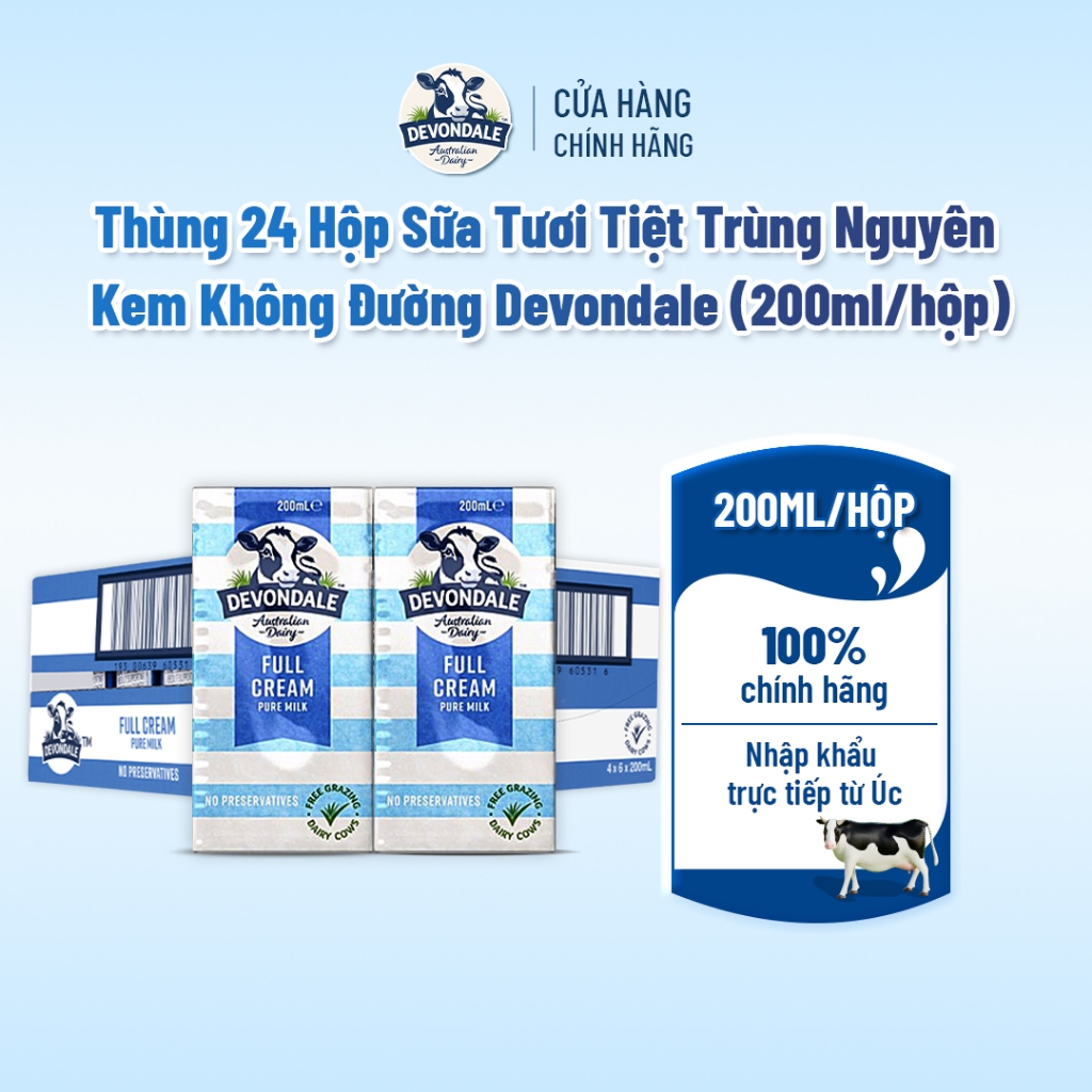 [06/01/2027] Thùng 24 Hộp Sữa Tươi Tiệt Trùng Nguyên Kem Không Đường Devondale (200ML/Hộp)