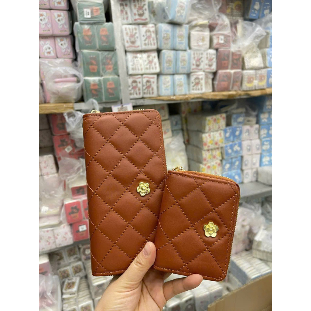 Set Ví Cầm Tay Nữ Da Mềm Họa Tiết Caro Chần Bông Sang Trọng Màu Đen Hồng Nâu