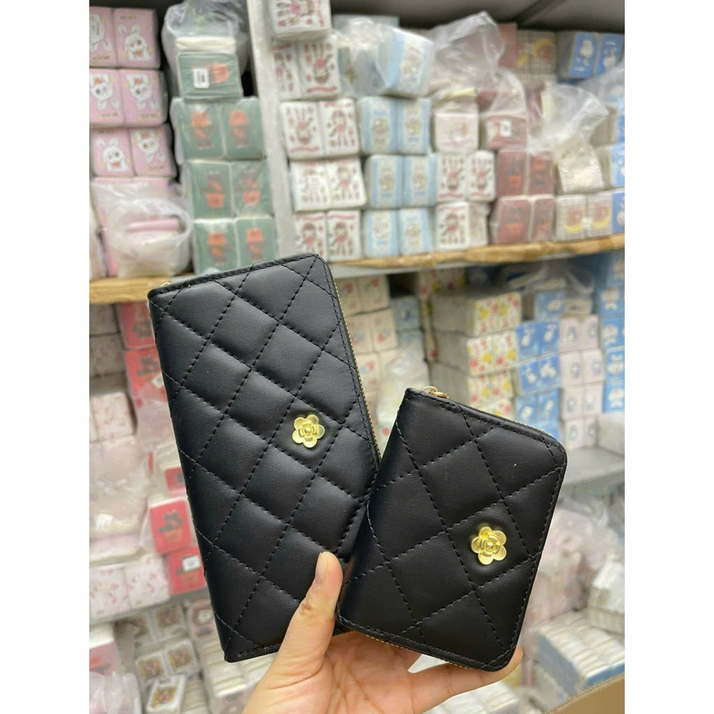 Set Ví Cầm Tay Nữ Da Mềm Họa Tiết Caro Chần Bông Sang Trọng Màu Đen Hồng Nâu