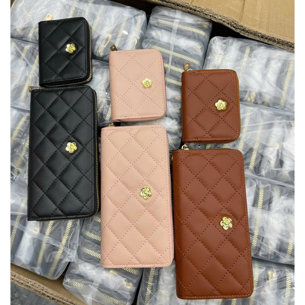 Set Ví Cầm Tay Nữ Da Mềm Họa Tiết Caro Chần Bông Sang Trọng Màu Đen Hồng Nâu