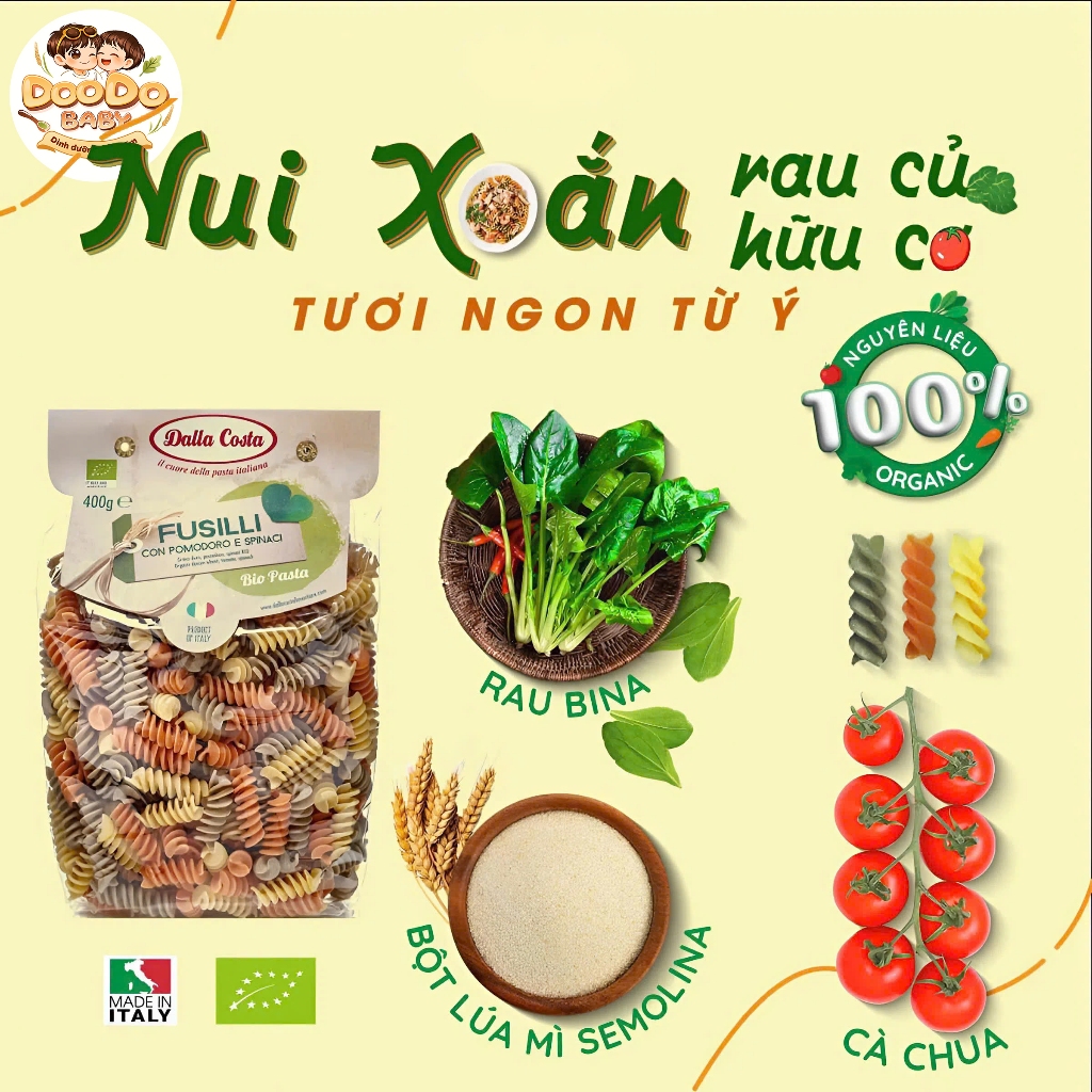 Nui Rau Củ Hữu Cơ Cho Bé Dạng Xoắn Dalla Costa 400g/100g