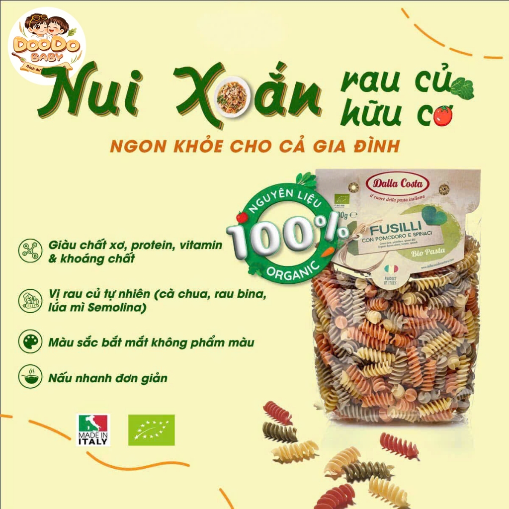 Nui Rau Củ Hữu Cơ Cho Bé Dạng Xoắn Dalla Costa 400g/100g