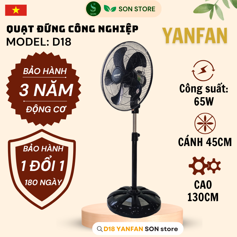 Quạt Đứng Công Nghiệp YANFAN D18 5 LÁ , Motor đồng 100% 65W, 5 Cánh ABS Cao Cấp, Thiết Kế Hiện Đại.
