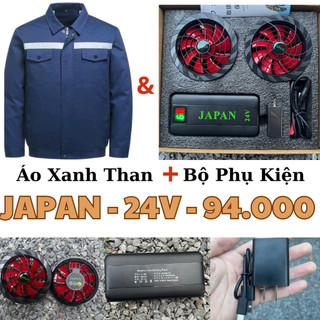 Bộ Áo Quạt Điều Hòa JAPAN 24V 6 cấp gió - Pin khủng 94000mah 24V + sạc + quạt 9 cánh️ 24V (12-16 tiếng) .Tặng kèm đá khô