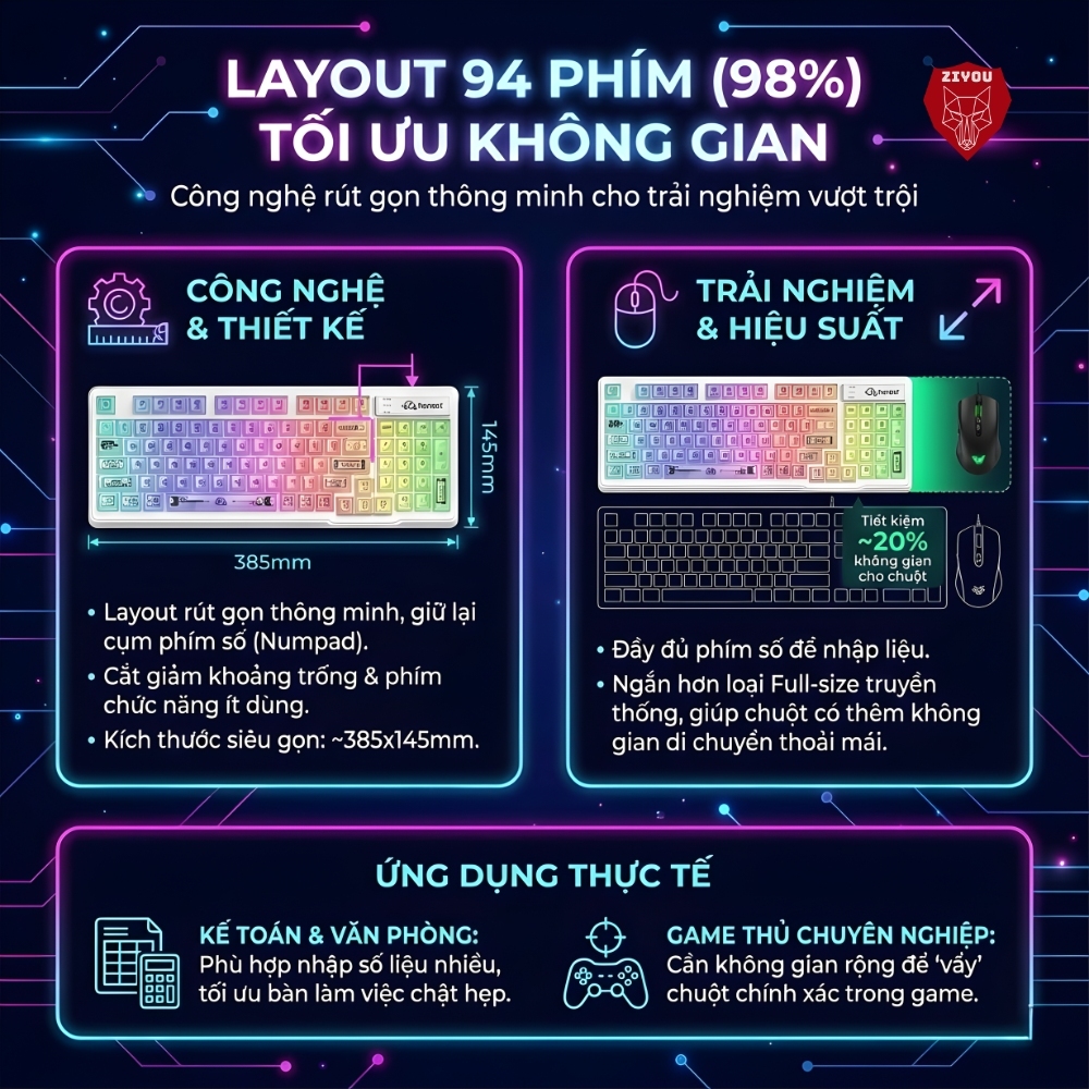 Bàn Phím Có Dây Ziyou Free Wolf M95 Keycap Trong Suốt, LED RGB 16 Triệu Màu, Phím Gõ Êm, Full Size | BigBuy360 - bigbuy360.vn