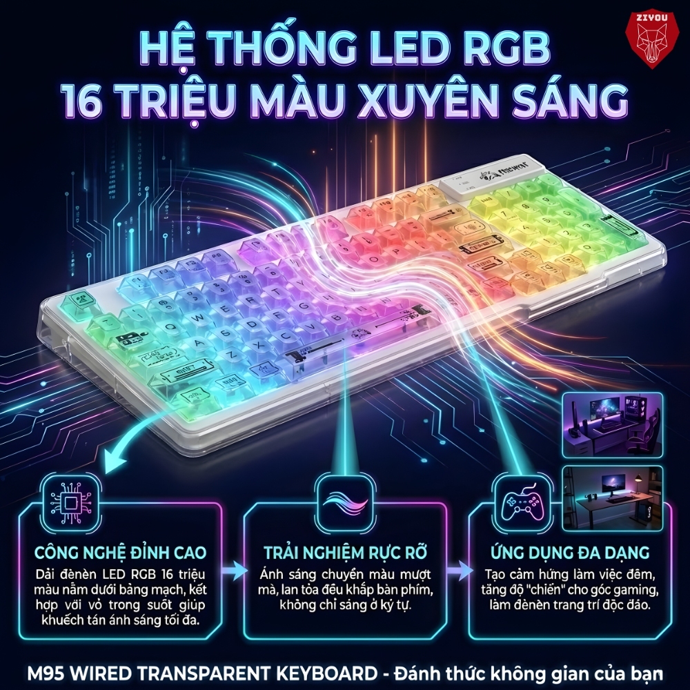 Bàn Phím Có Dây Ziyou Free Wolf M95 Keycap Trong Suốt, LED RGB 16 Triệu Màu, Phím Gõ Êm, Full Size | BigBuy360 - bigbuy360.vn