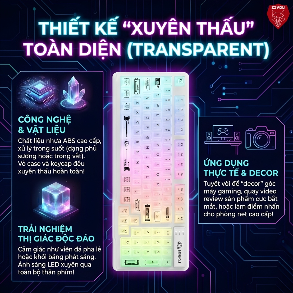 Bàn Phím Có Dây Ziyou Free Wolf M95 Keycap Trong Suốt, LED RGB 16 Triệu Màu, Phím Gõ Êm, Full Size | BigBuy360 - bigbuy360.vn